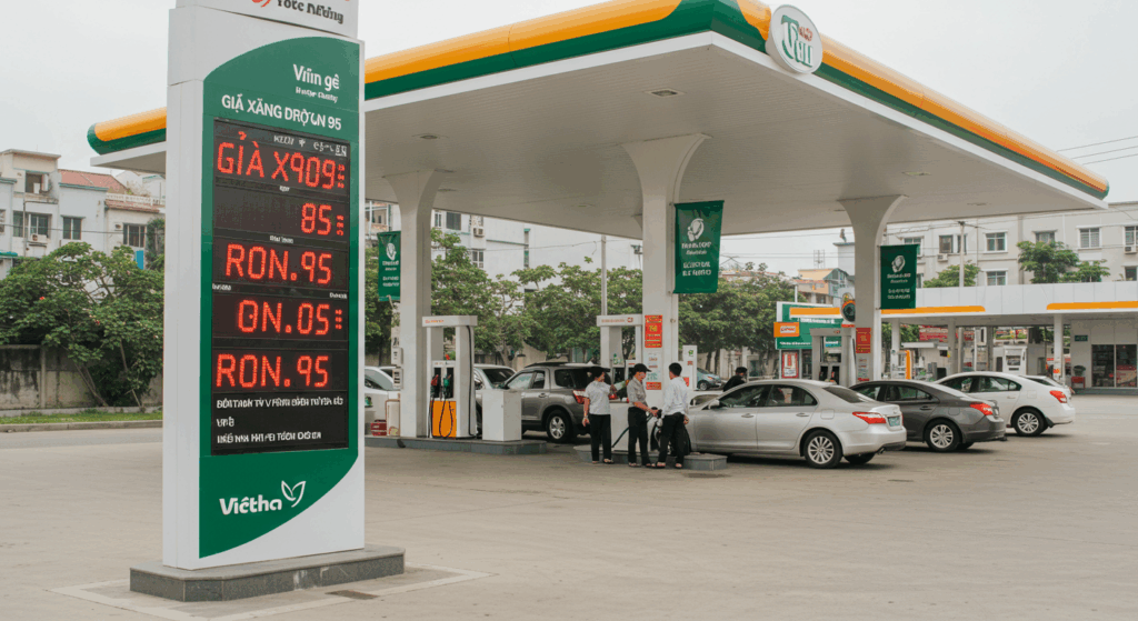 Giá xăng Ron 95 hôm nay tại trạm xăng với bảng điện tử hiển thị giá cập nhật
