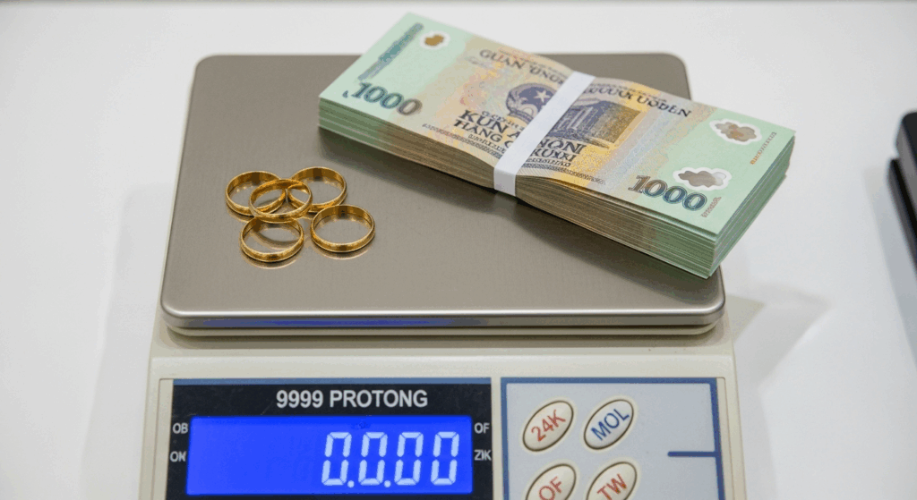 Cân điện tử đang cân nhẫn vàng 9999, phản ánh giao dịch theo giá vàng 21/10.