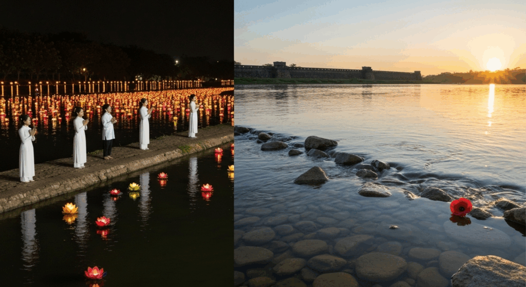 Hoa đăng trên sông Thạch Hãn, tưởng nhớ các anh hùng liệt sĩ trong chiến dịch Mưa Đỏ.